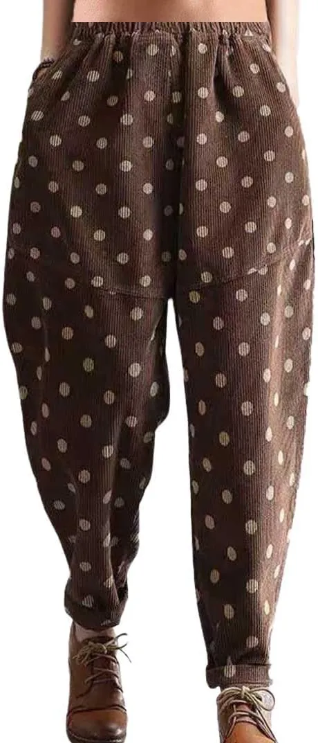 chouyatou Womens Baggy Loose Corduroy Pants Polka Dot Printed Elastic High Waisted Straight Leg Trouser