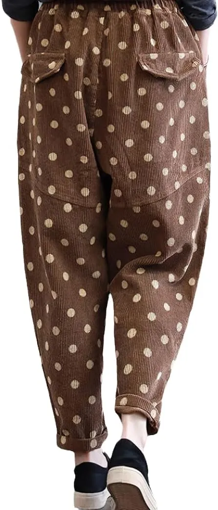 chouyatou Womens Baggy Loose Corduroy Pants Polka Dot Printed Elastic High Waisted Straight Leg Trouser