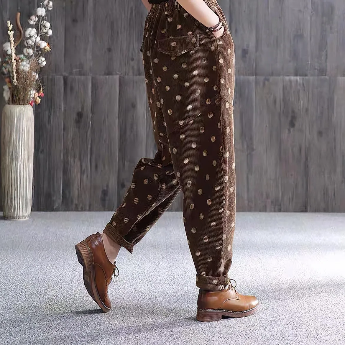 chouyatou Womens Baggy Loose Corduroy Pants Polka Dot Printed Elastic High Waisted Straight Leg Trouser