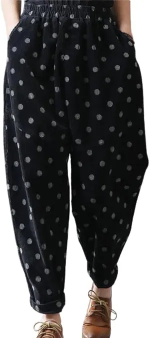 chouyatou Womens Baggy Loose Corduroy Pants Polka Dot Printed Elastic High Waisted Straight Leg Trouser