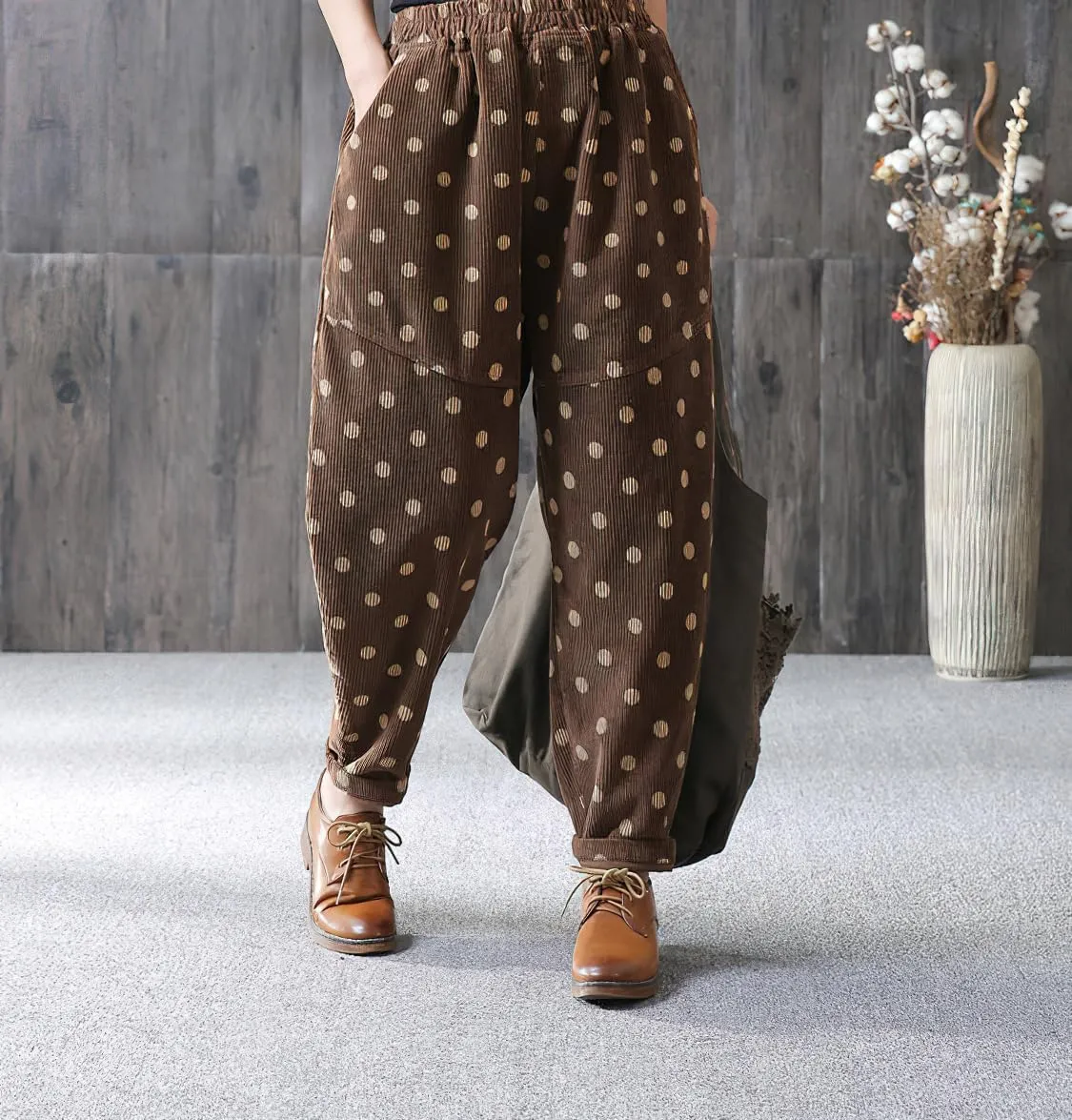 chouyatou Womens Baggy Loose Corduroy Pants Polka Dot Printed Elastic High Waisted Straight Leg Trouser