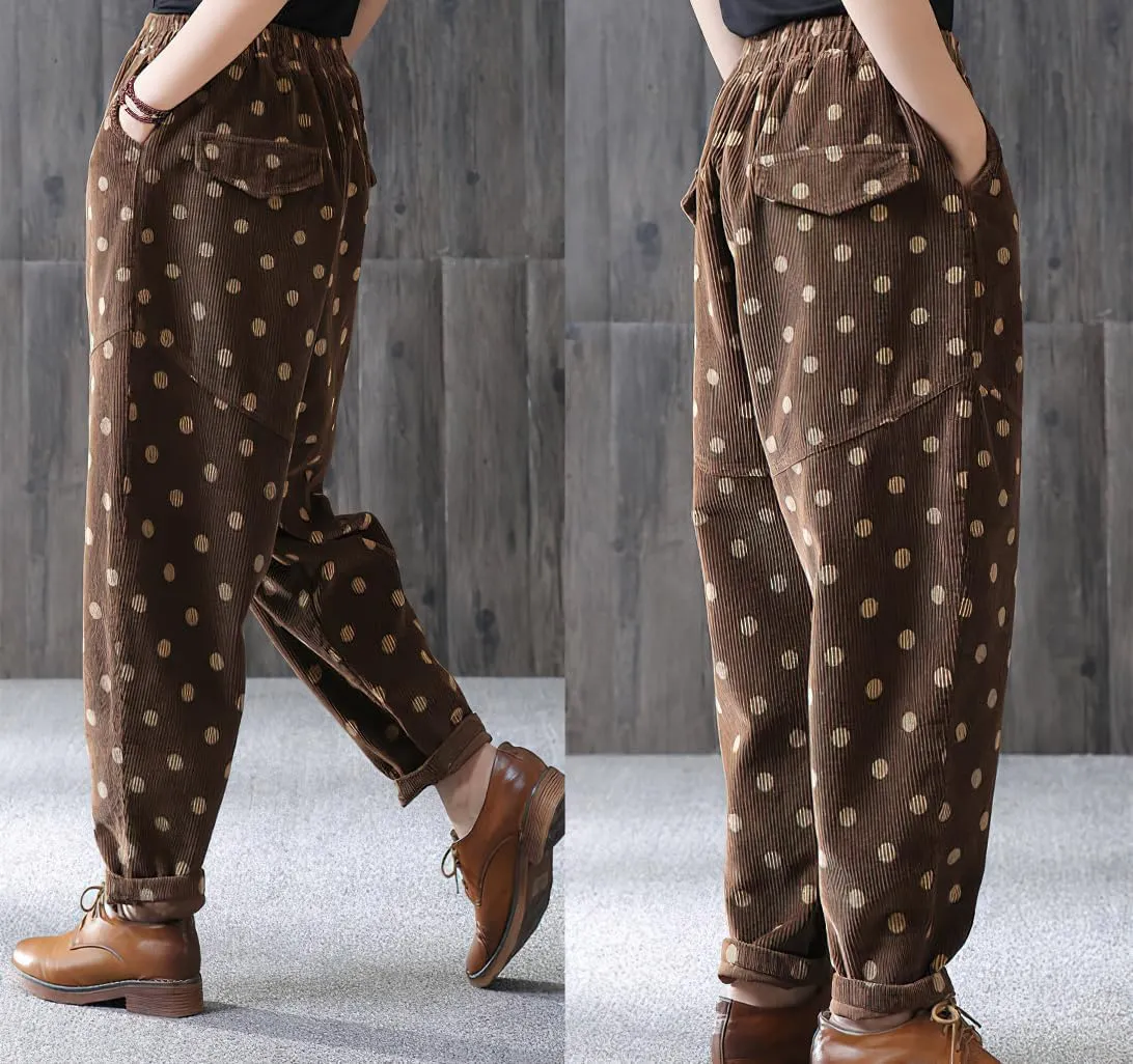chouyatou Womens Baggy Loose Corduroy Pants Polka Dot Printed Elastic High Waisted Straight Leg Trouser