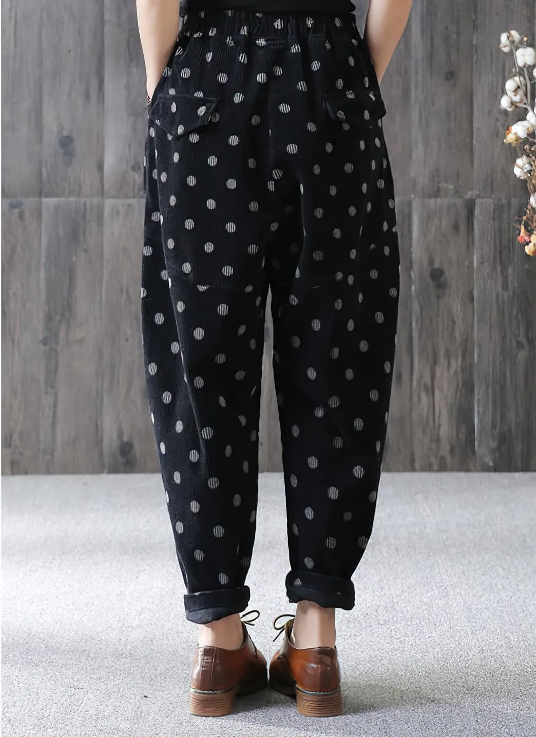 chouyatou Womens Baggy Loose Corduroy Pants Polka Dot Printed Elastic High Waisted Straight Leg Trouser