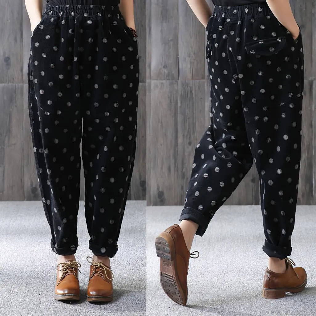 chouyatou Womens Baggy Loose Corduroy Pants Polka Dot Printed Elastic High Waisted Straight Leg Trouser