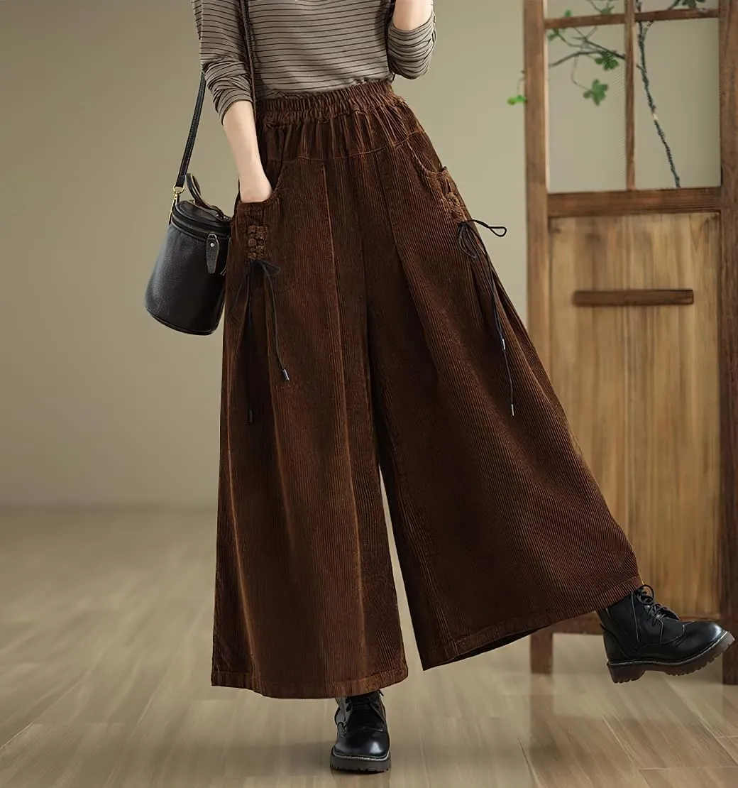 chouyatou Women's Fall Casual Wide Leg Baggy Corduroy Pants Elastic Waist Baggy Culotte Loose Trousers