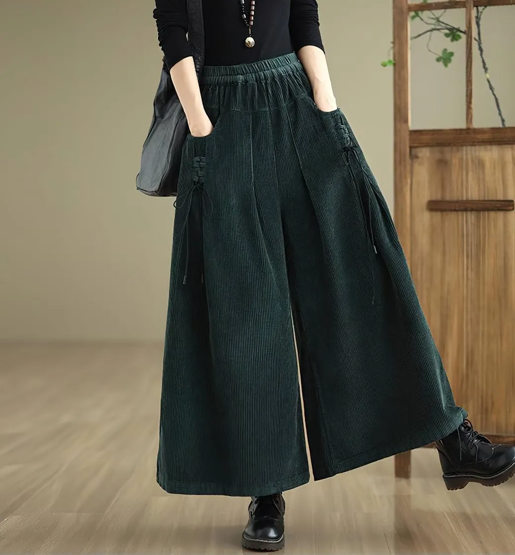 chouyatou Women's Fall Casual Wide Leg Baggy Corduroy Pants Elastic Waist Baggy Culotte Loose Trousers