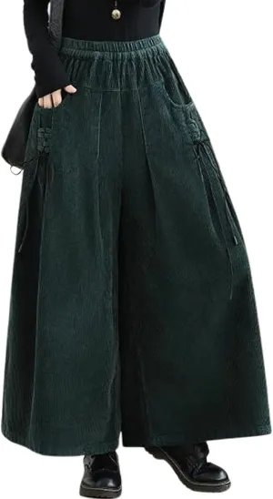 chouyatou Women's Fall Casual Wide Leg Baggy Corduroy Pants Elastic Waist Baggy Culotte Loose Trousers