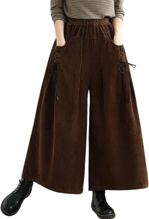 chouyatou Women's Fall Casual Wide Leg Baggy Corduroy Pants Elastic Waist Baggy Culotte Loose Trousers