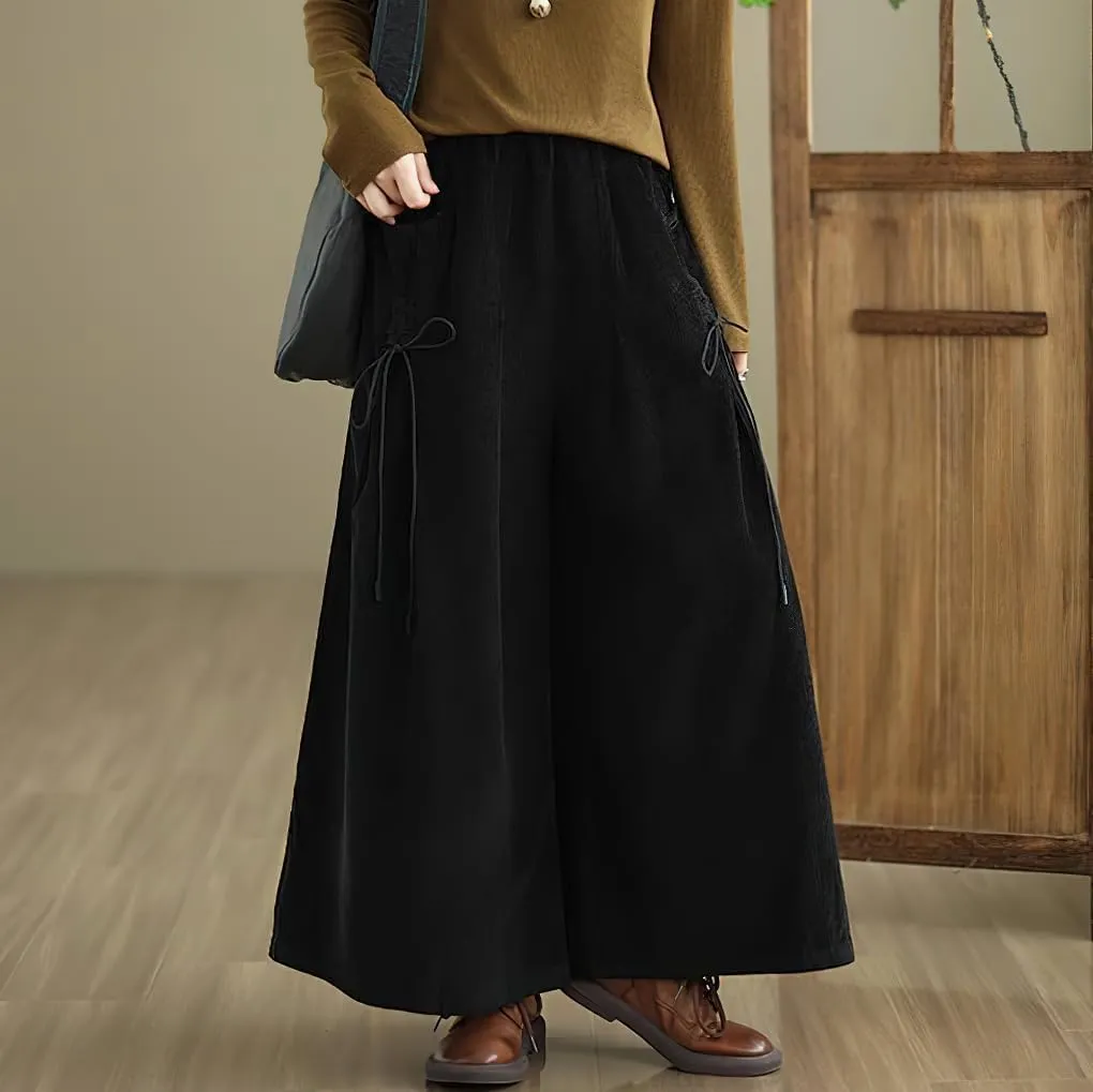 chouyatou Women's Fall Casual Wide Leg Baggy Corduroy Pants Elastic Waist Baggy Culotte Loose Trousers