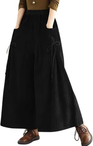 chouyatou Women's Fall Casual Wide Leg Baggy Corduroy Pants Elastic Waist Baggy Culotte Loose Trousers