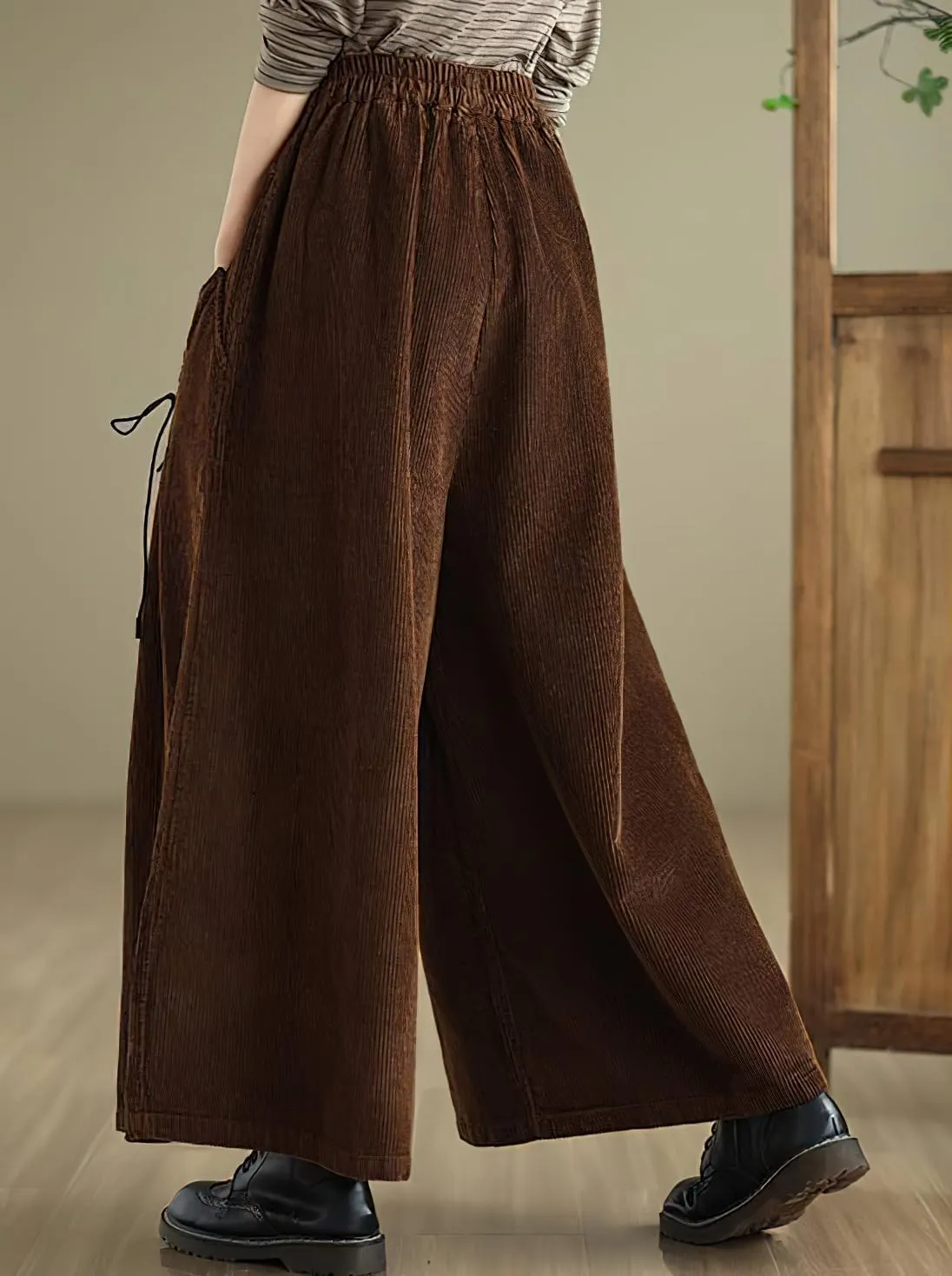 chouyatou Women's Fall Casual Wide Leg Baggy Corduroy Pants Elastic Waist Baggy Culotte Loose Trousers