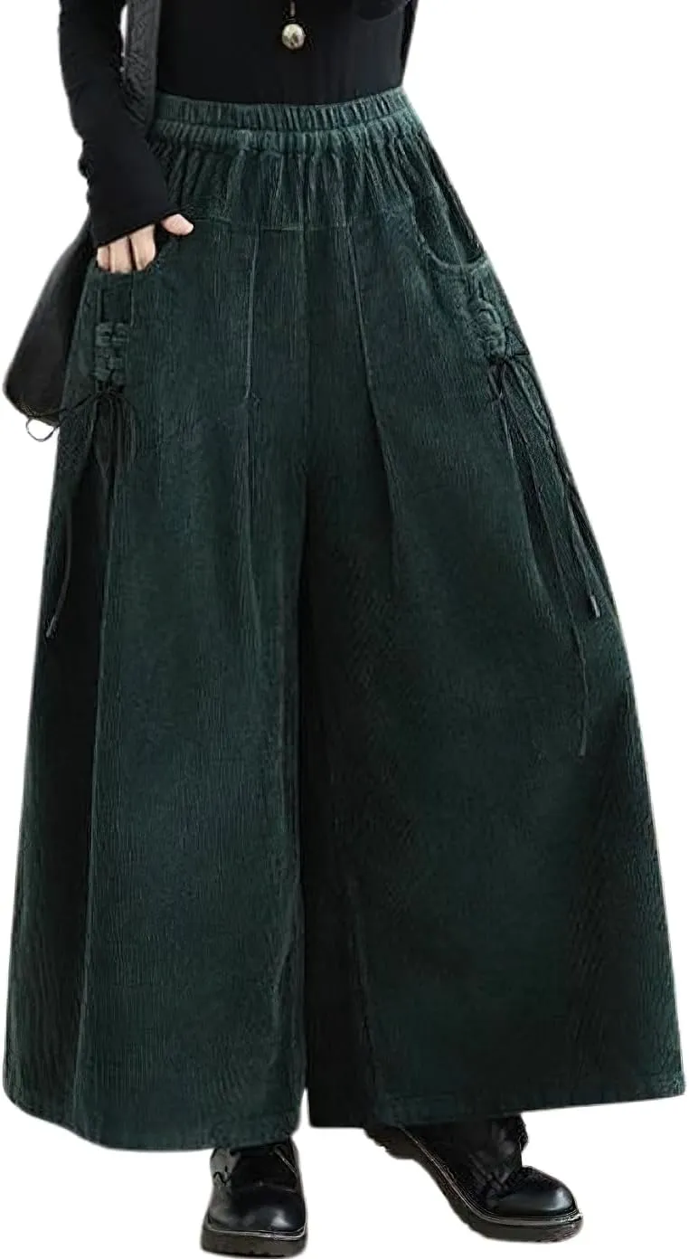 chouyatou Women's Fall Casual Wide Leg Baggy Corduroy Pants Elastic Waist Baggy Culotte Loose Trousers
