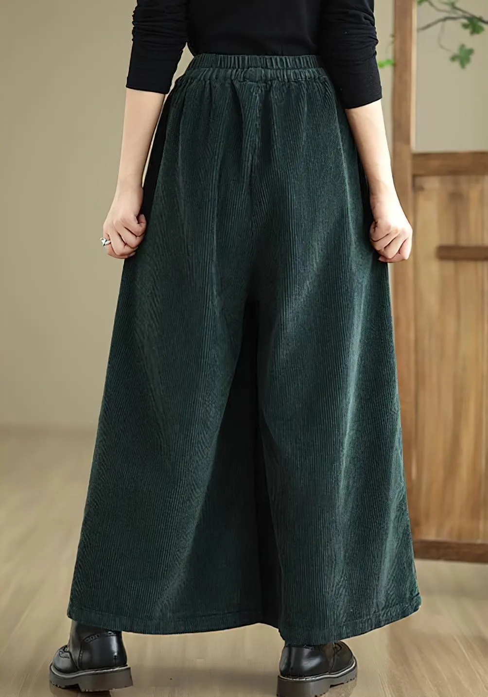 chouyatou Women's Fall Casual Wide Leg Baggy Corduroy Pants Elastic Waist Baggy Culotte Loose Trousers