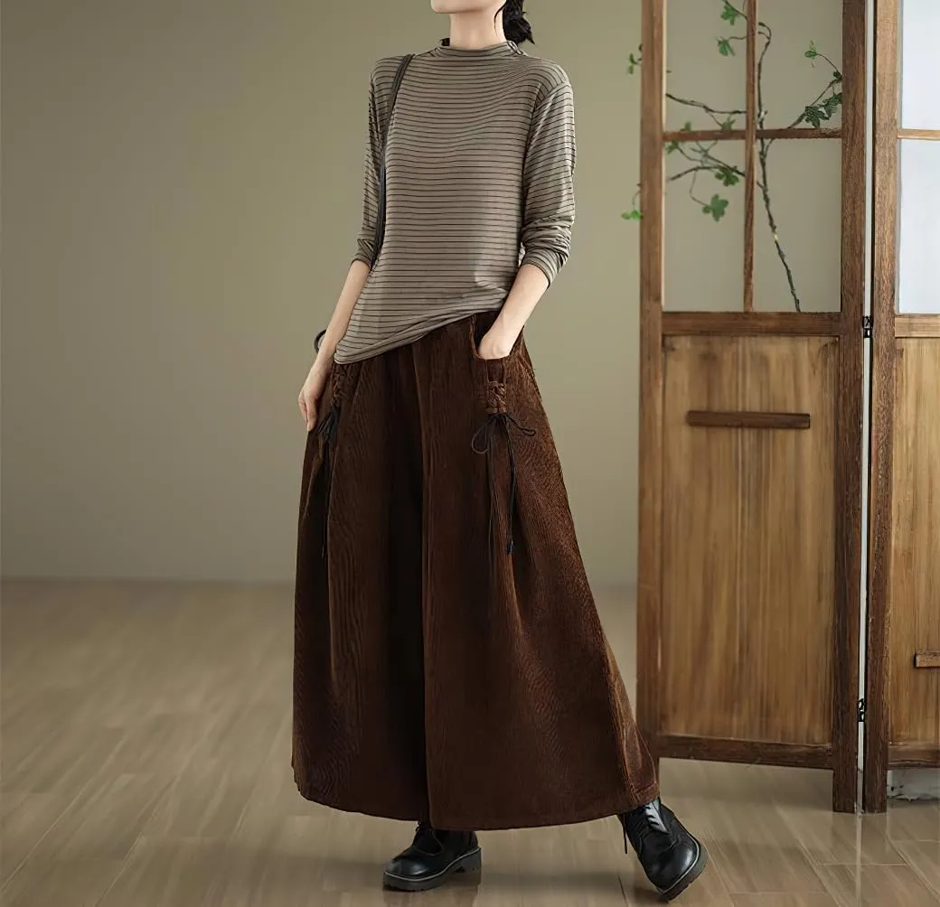 chouyatou Women's Fall Casual Wide Leg Baggy Corduroy Pants Elastic Waist Baggy Culotte Loose Trousers