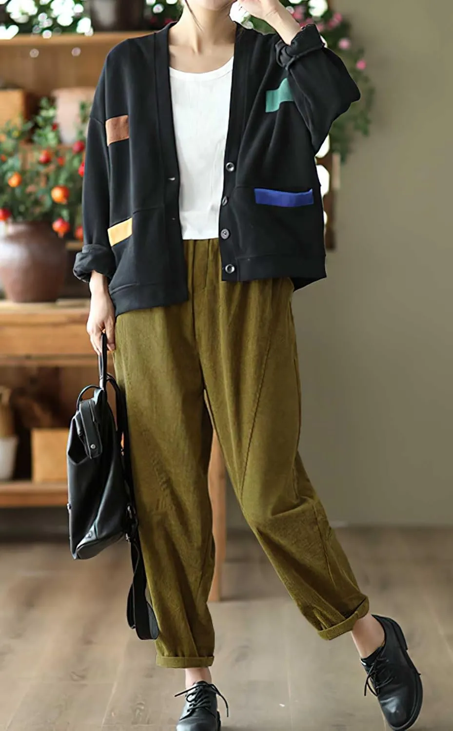 chouyatou Womens Fall Winter Loose Corduroy Pants Elastic High Waisted Straight Leg Trouser with Pockets