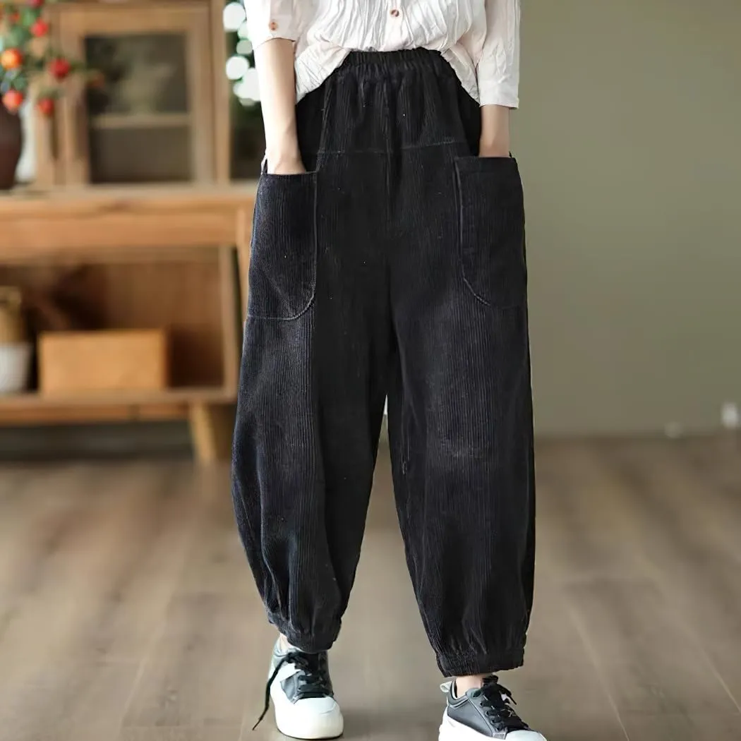 chouyatou Womens Harem Loose Corduroy Pants Elastic High Waisted Straight Wide Leg Trouser with Pockets