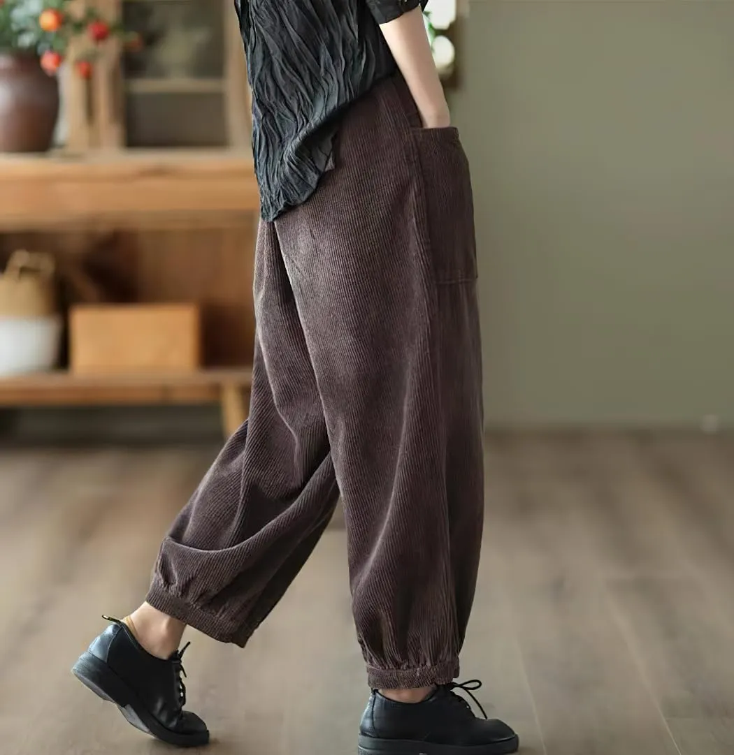chouyatou Womens Harem Loose Corduroy Pants Elastic High Waisted Straight Wide Leg Trouser with Pockets