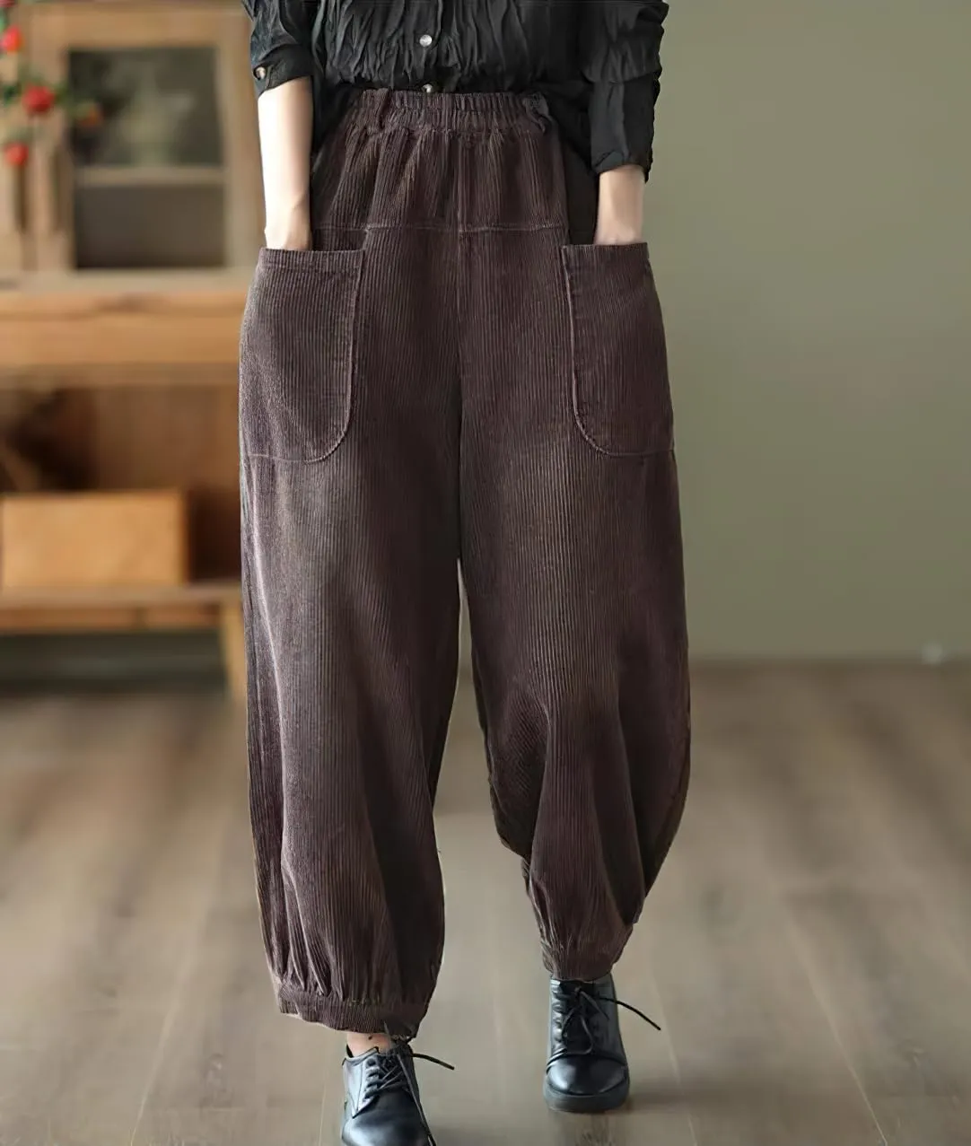 chouyatou Womens Harem Loose Corduroy Pants Elastic High Waisted Straight Wide Leg Trouser with Pockets