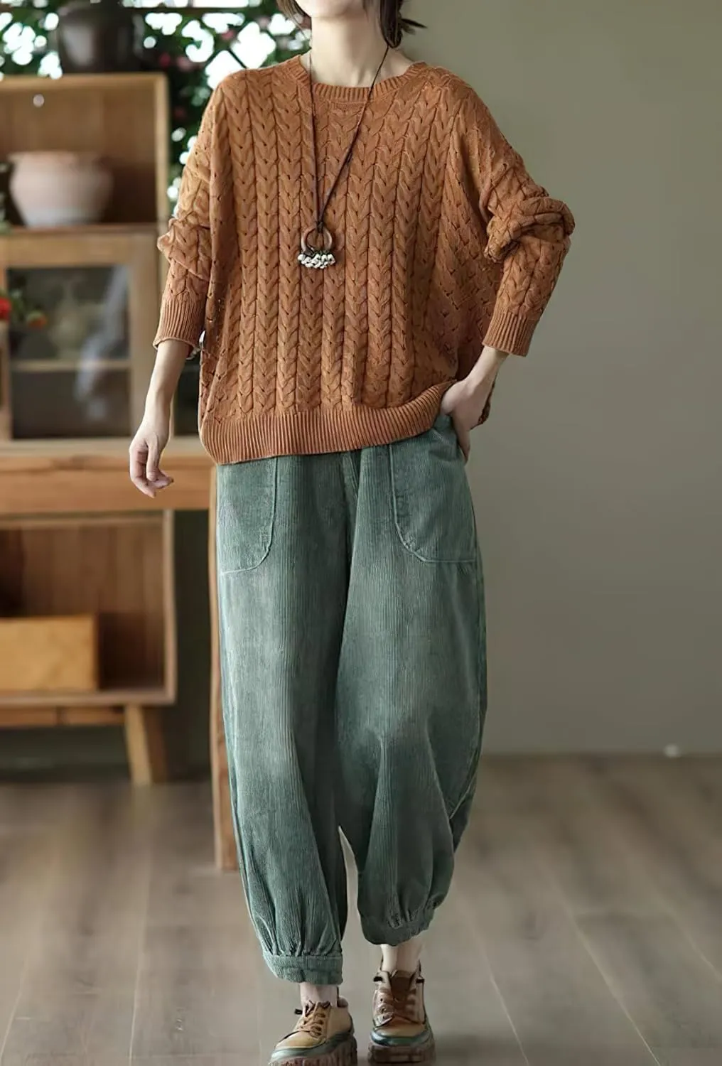 chouyatou Womens Harem Loose Corduroy Pants Elastic High Waisted Straight Wide Leg Trouser with Pockets