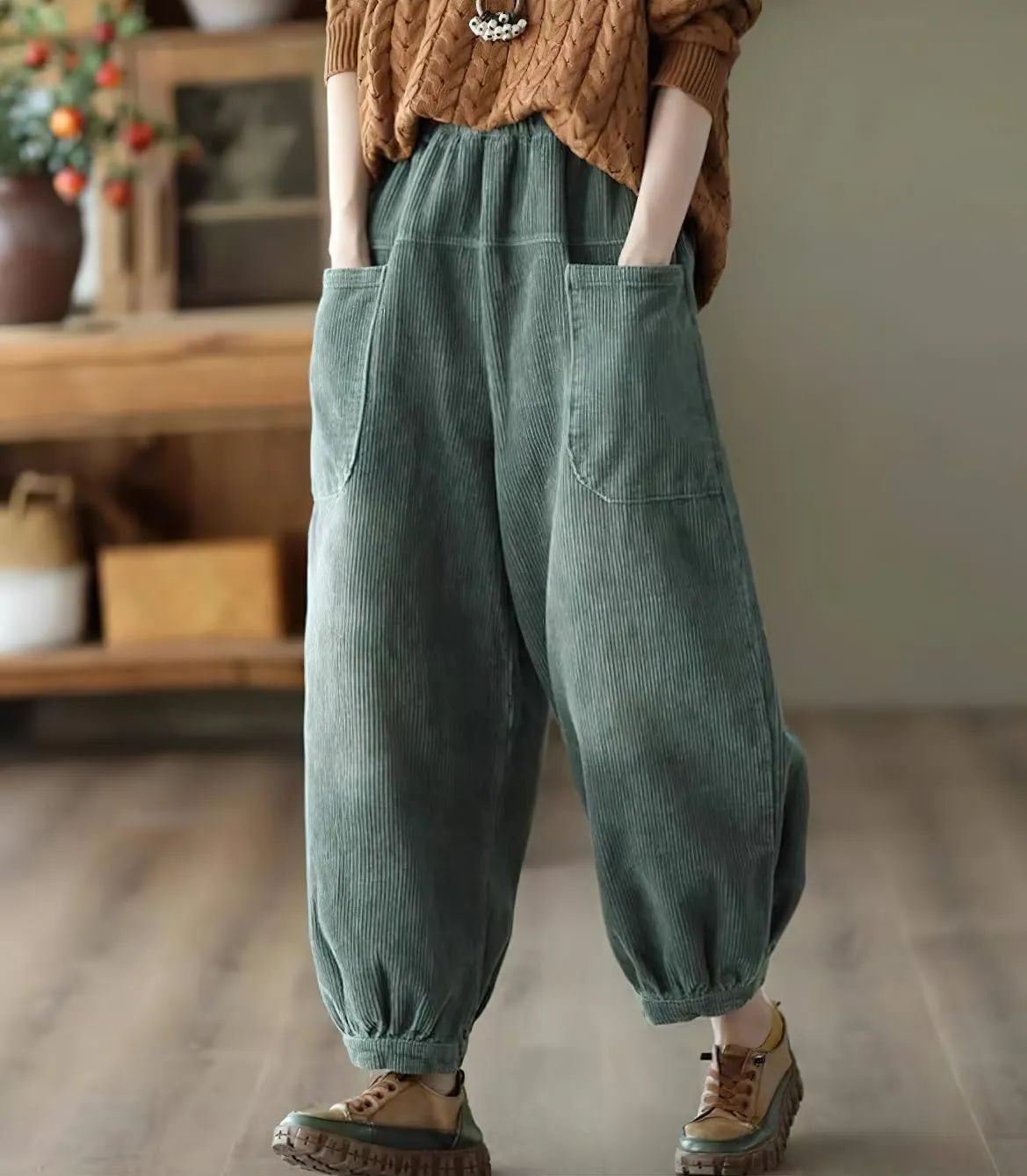 chouyatou Womens Harem Loose Corduroy Pants Elastic High Waisted Straight Wide Leg Trouser with Pockets