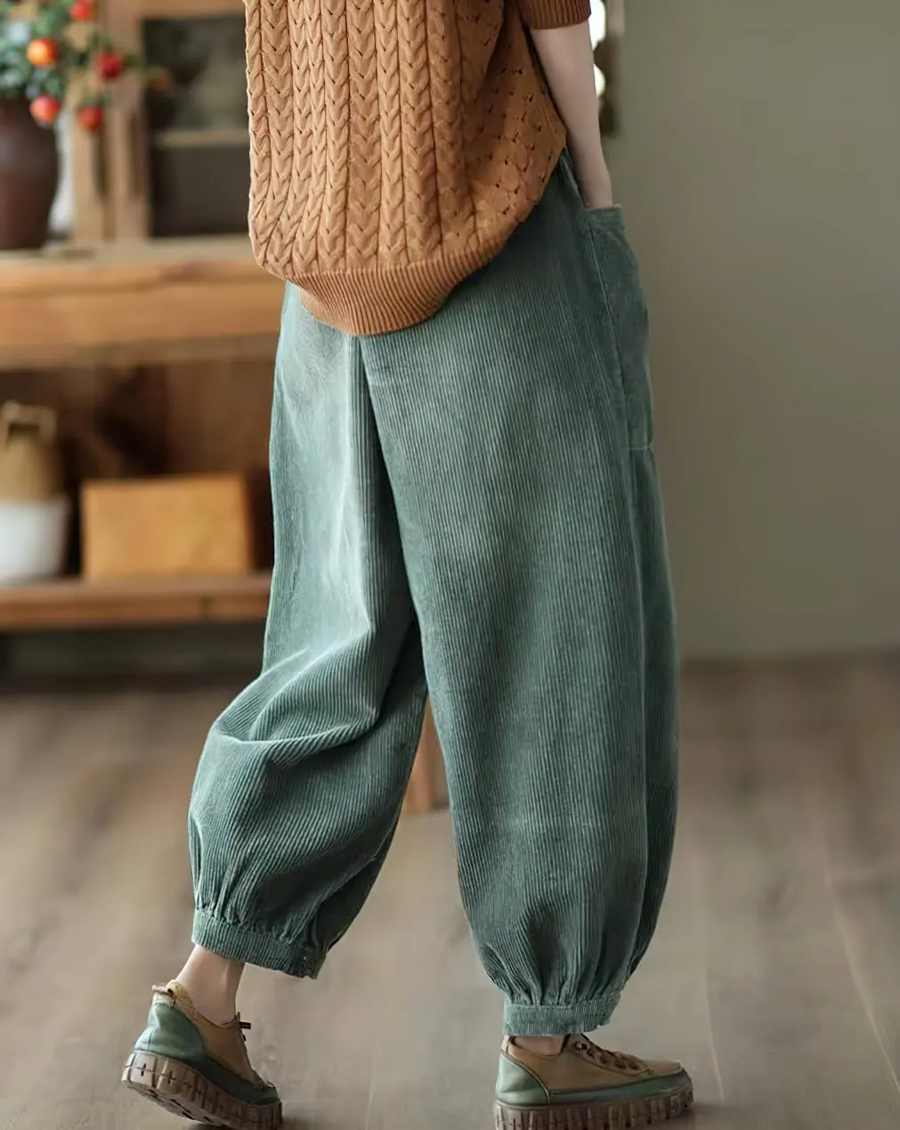 chouyatou Womens Harem Loose Corduroy Pants Elastic High Waisted Straight Wide Leg Trouser with Pockets