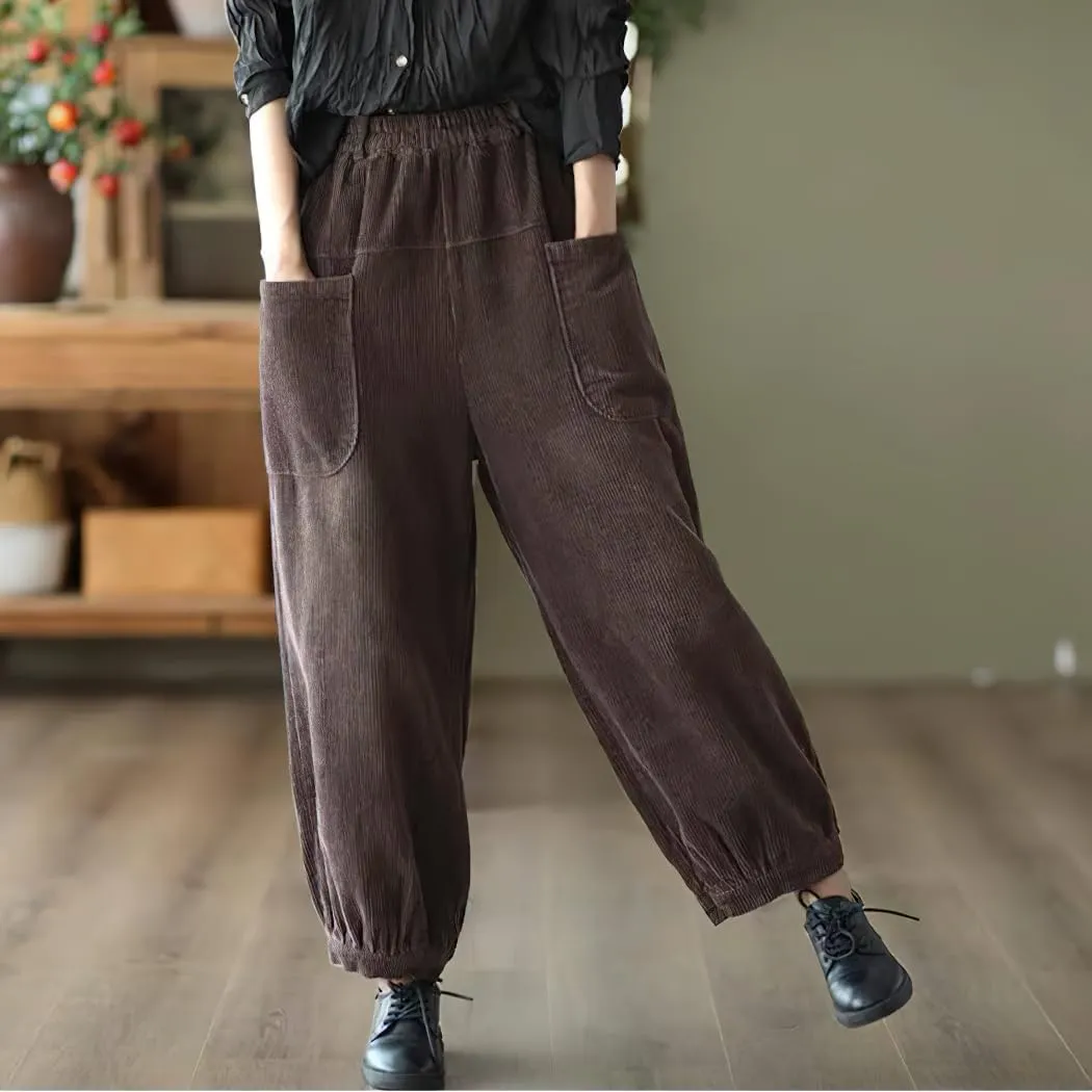 chouyatou Womens Harem Loose Corduroy Pants Elastic High Waisted Straight Wide Leg Trouser with Pockets