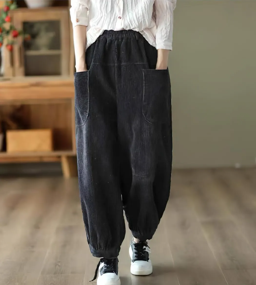 chouyatou Womens Harem Loose Corduroy Pants Elastic High Waisted Straight Wide Leg Trouser with Pockets