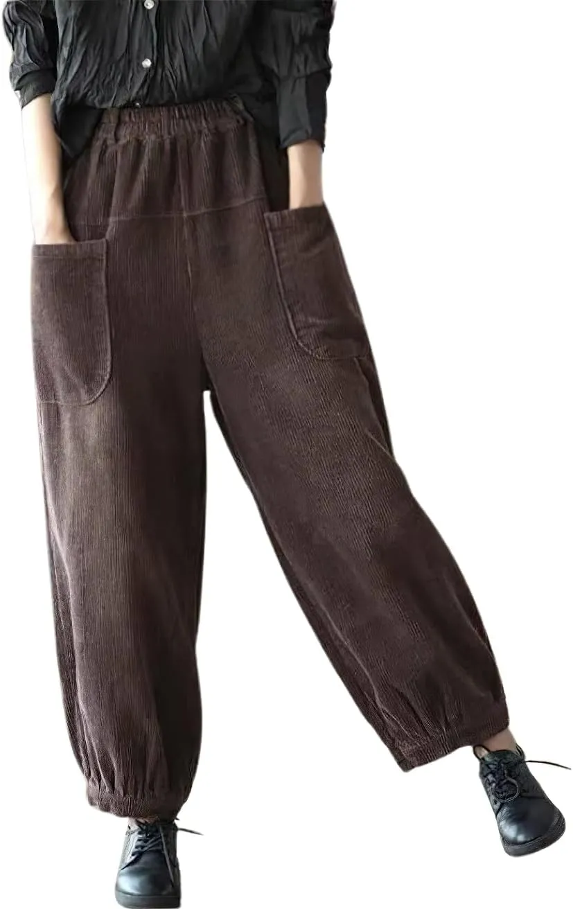 chouyatou Womens Harem Loose Corduroy Pants Elastic High Waisted Straight Wide Leg Trouser with Pockets