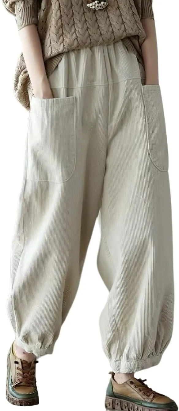 chouyatou Womens Harem Loose Corduroy Pants Elastic High Waisted Straight Wide Leg Trouser with Pockets