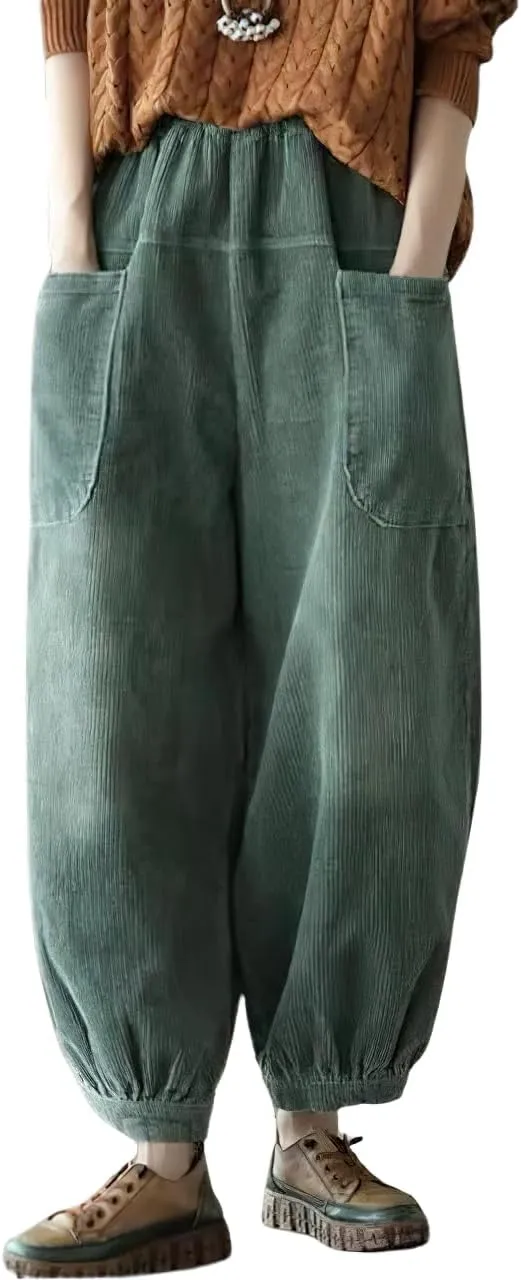 chouyatou Womens Harem Loose Corduroy Pants Elastic High Waisted Straight Wide Leg Trouser with Pockets