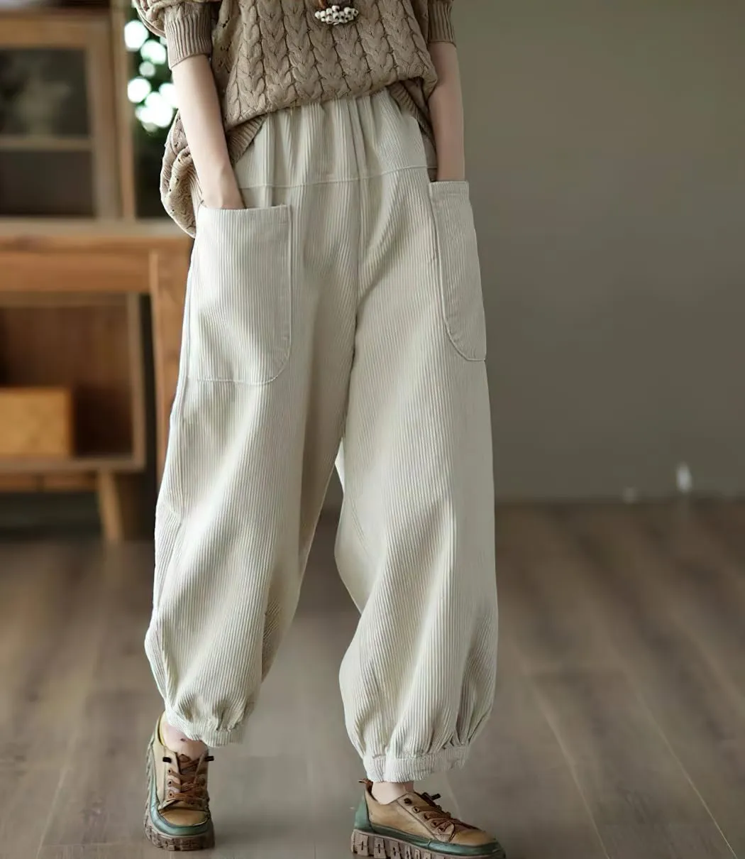 chouyatou Womens Harem Loose Corduroy Pants Elastic High Waisted Straight Wide Leg Trouser with Pockets