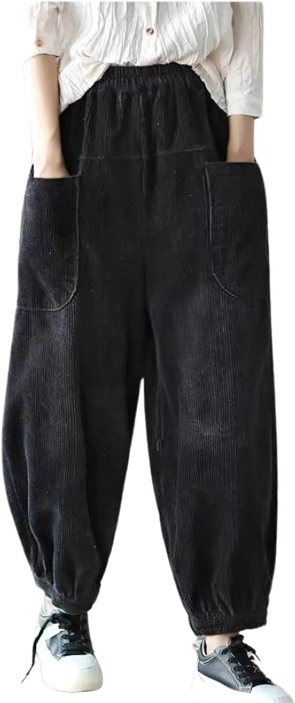 chouyatou Womens Harem Loose Corduroy Pants Elastic High Waisted Straight Wide Leg Trouser with Pockets