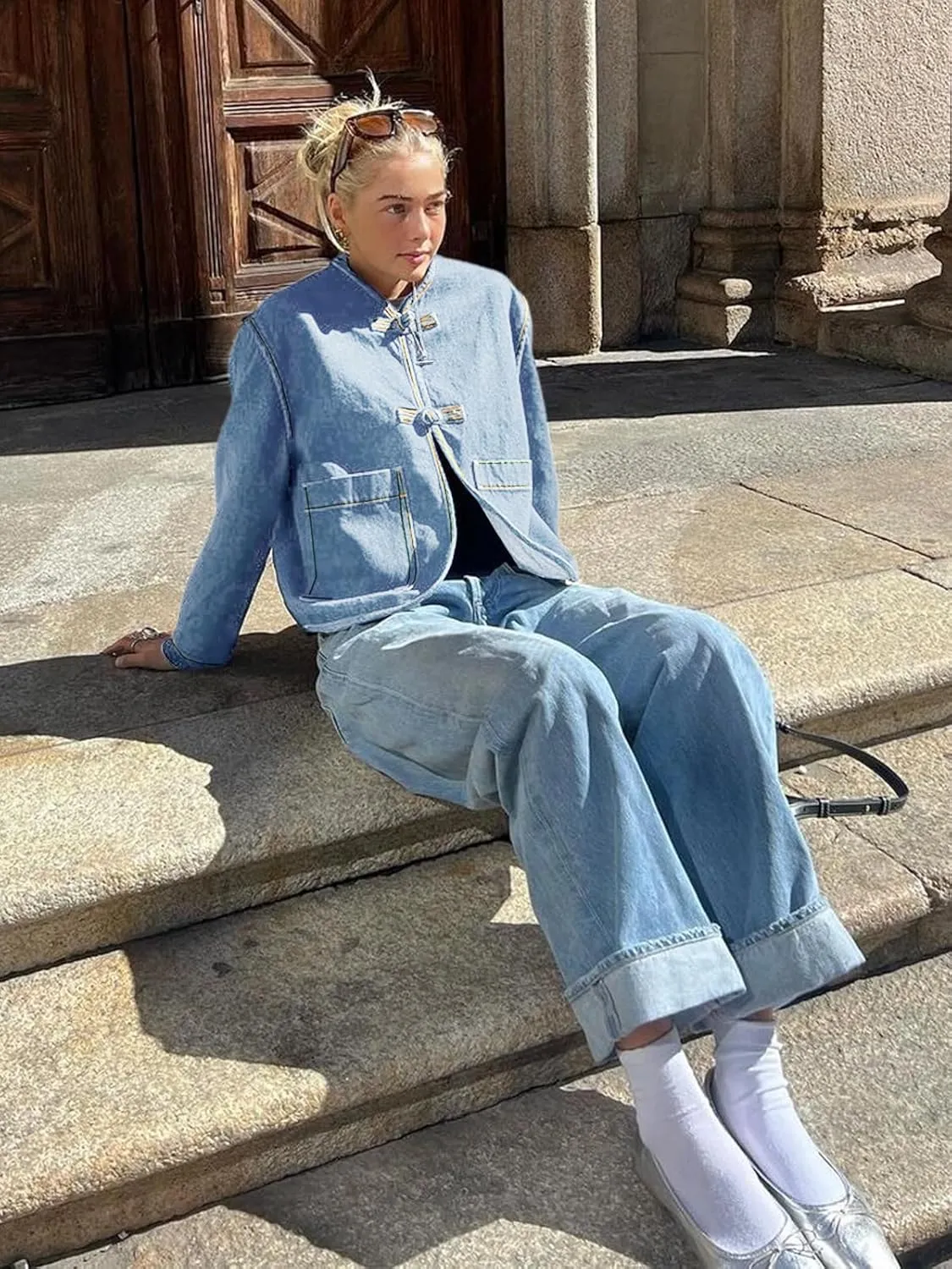 Cicy Bell Womens Cropped Collarless Denim Shirts Jackets Frog Button Trendy Jean Shackets Lightweight Casual Coat
