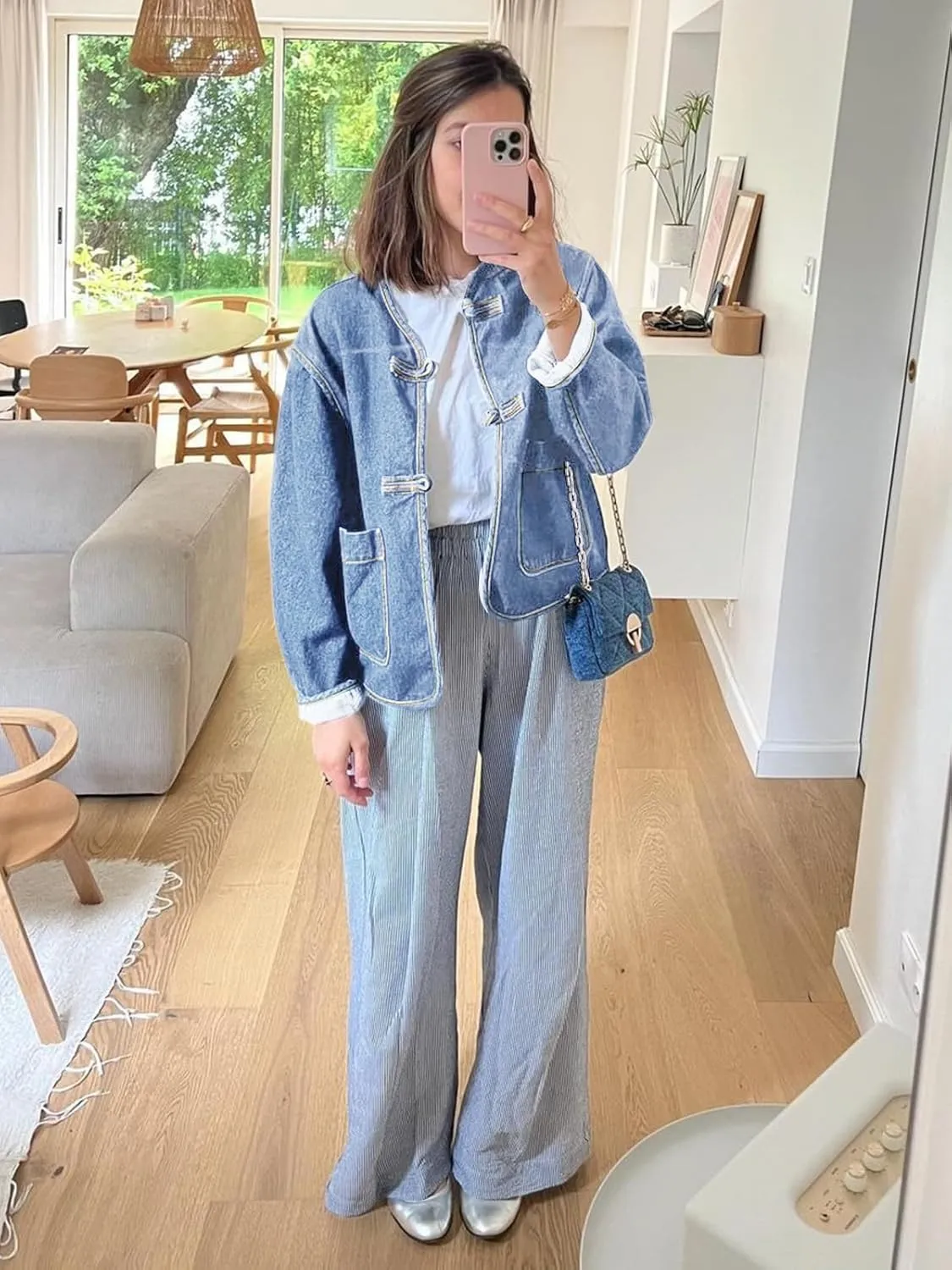 Cicy Bell Womens Cropped Collarless Denim Shirts Jackets Frog Button Trendy Jean Shackets Lightweight Casual Coat