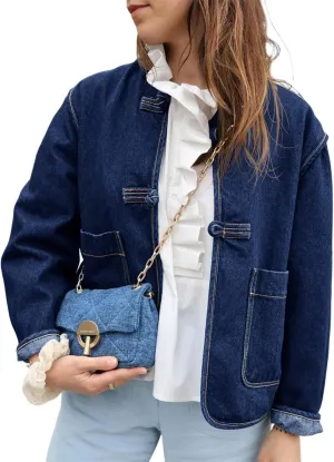 Cicy Bell Womens Cropped Collarless Denim Shirts Jackets Frog Button Trendy Jean Shackets Lightweight Casual Coat
