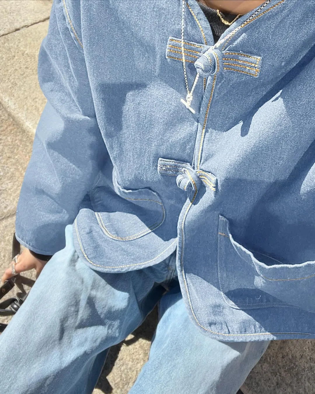 Cicy Bell Womens Cropped Collarless Denim Shirts Jackets Frog Button Trendy Jean Shackets Lightweight Casual Coat