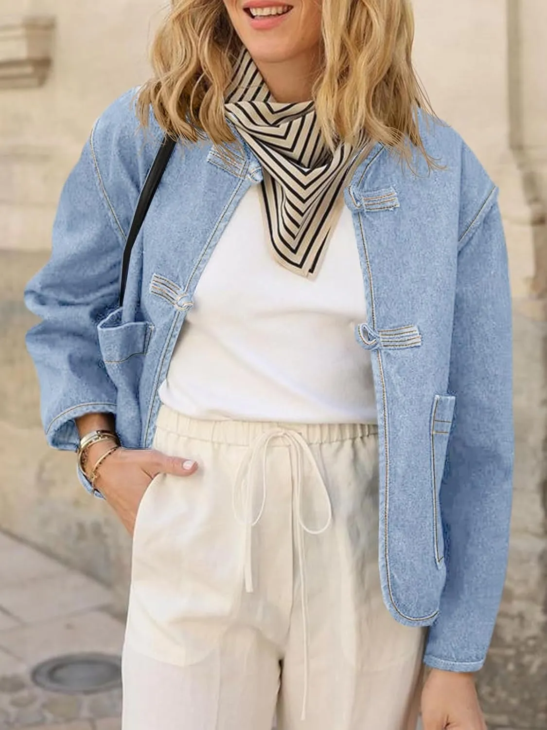 Cicy Bell Womens Cropped Collarless Denim Shirts Jackets Frog Button Trendy Jean Shackets Lightweight Casual Coat