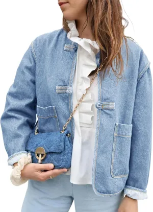 Cicy Bell Womens Cropped Collarless Denim Shirts Jackets Frog Button Trendy Jean Shackets Lightweight Casual Coat