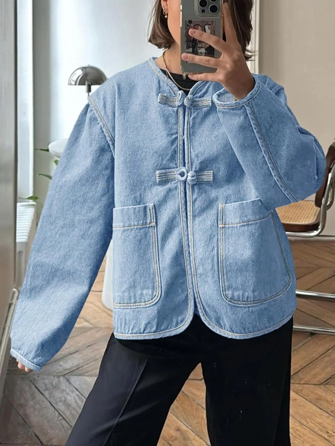 Cicy Bell Womens Cropped Collarless Denim Shirts Jackets Frog Button Trendy Jean Shackets Lightweight Casual Coat