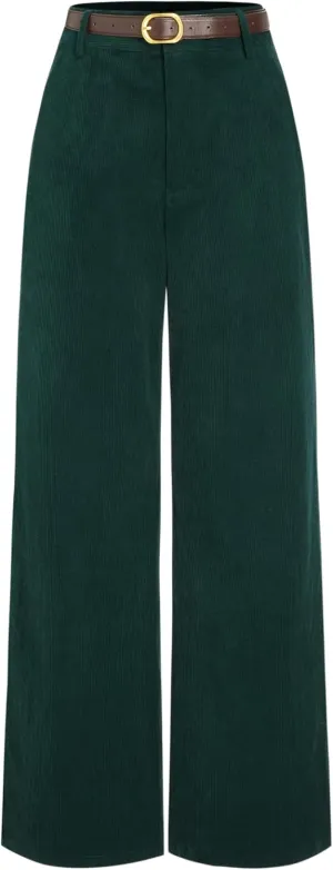 CIDER Corduroy Middle Waist Pocket Straight Leg Trousers with Belt