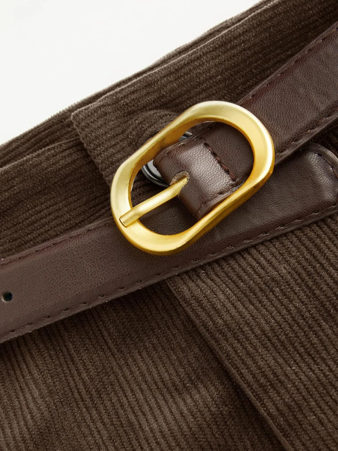 CIDER Corduroy Middle Waist Pocket Straight Leg Trousers with Belt