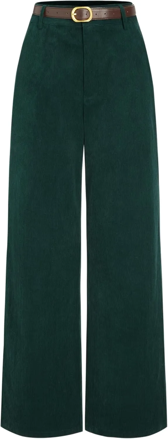 CIDER Corduroy Middle Waist Pocket Straight Leg Trousers with Belt
