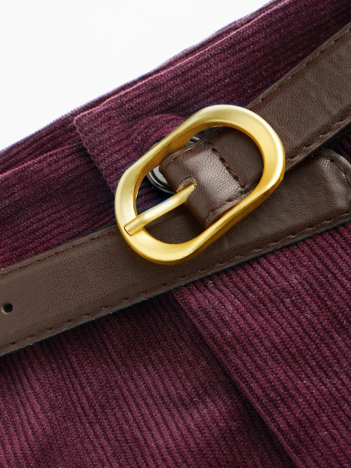 CIDER Corduroy Middle Waist Pocket Straight Leg Trousers with Belt