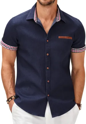 COOFANDY Men's Casual Short Sleeve Button Down Dress Shirt Plaid Collar Denim Work Shirts