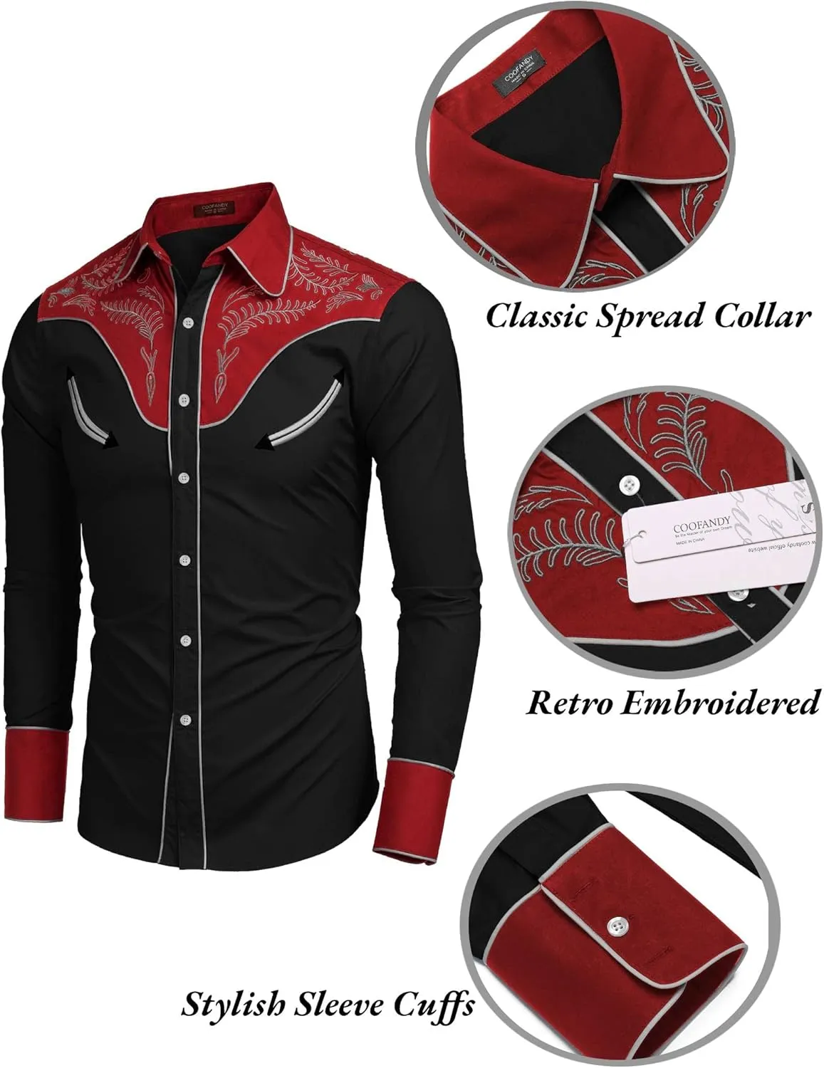 COOFANDY Men's Western Cowboy Shirt Embroidered Button Down Long Sleeve Shirts