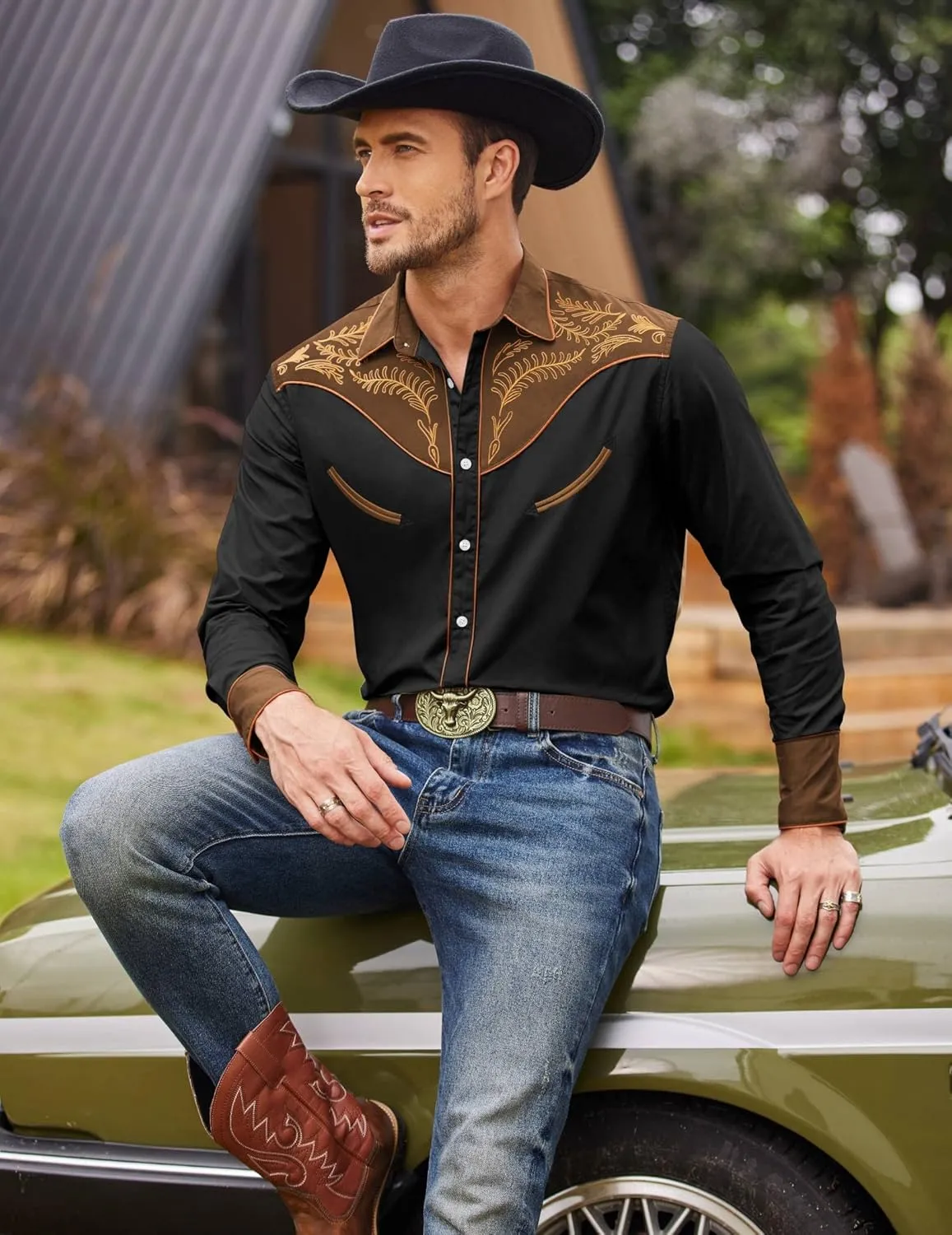 COOFANDY Men's Western Cowboy Shirt Embroidered Button Down Long Sleeve Shirts