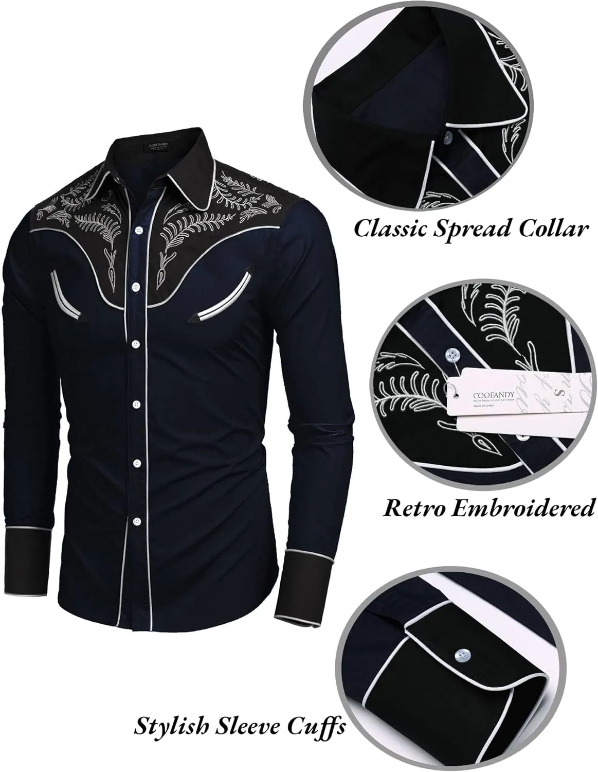 COOFANDY Men's Western Cowboy Shirt Embroidered Button Down Long Sleeve Shirts