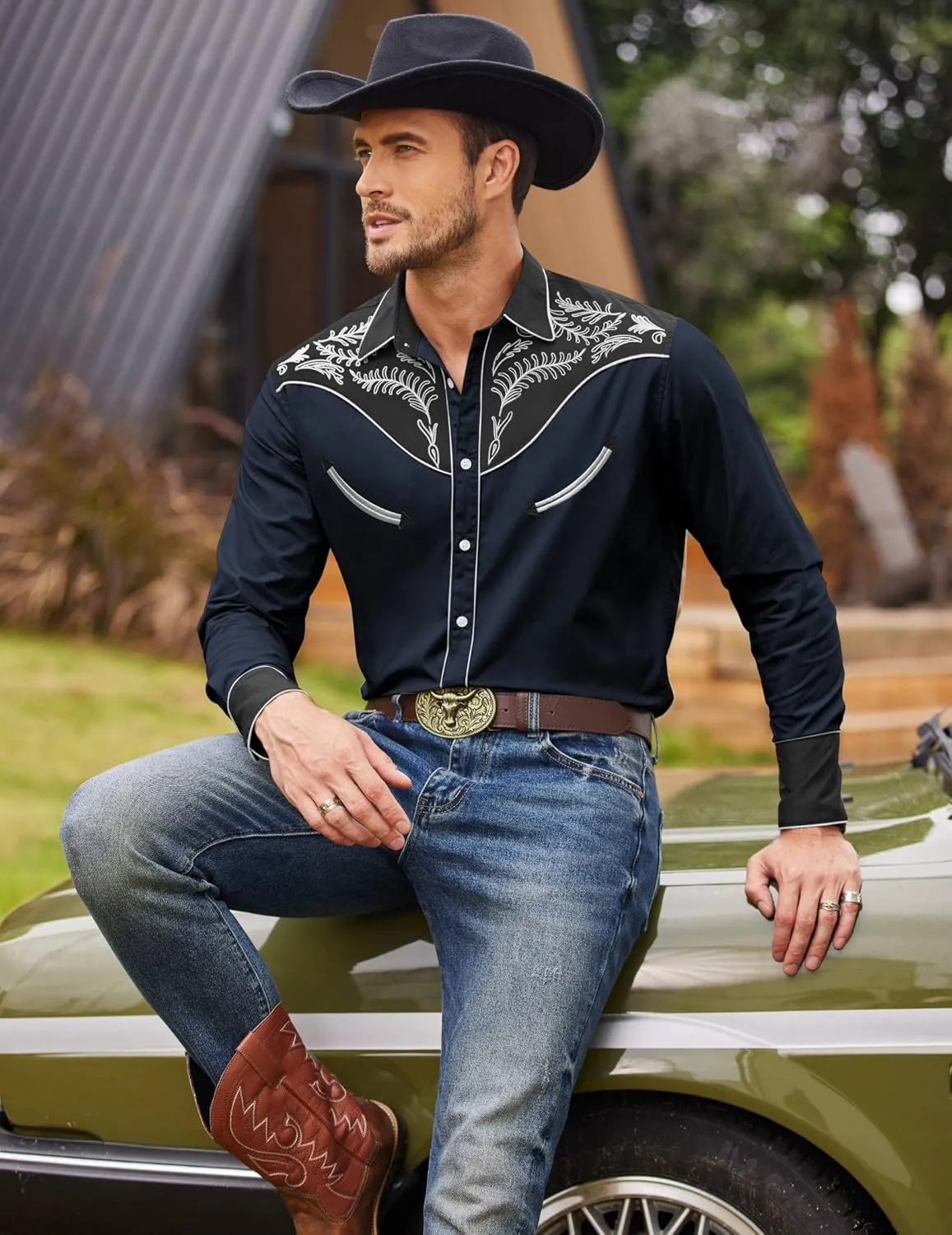 COOFANDY Men's Western Cowboy Shirt Embroidered Button Down Long Sleeve Shirts