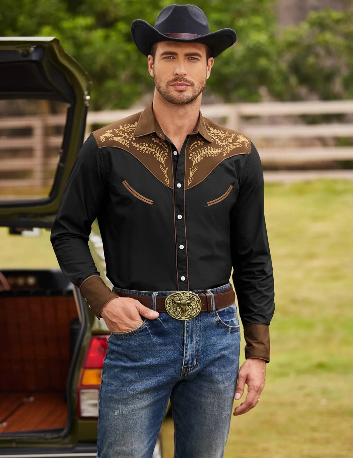 COOFANDY Men's Western Cowboy Shirt Embroidered Button Down Long Sleeve Shirts