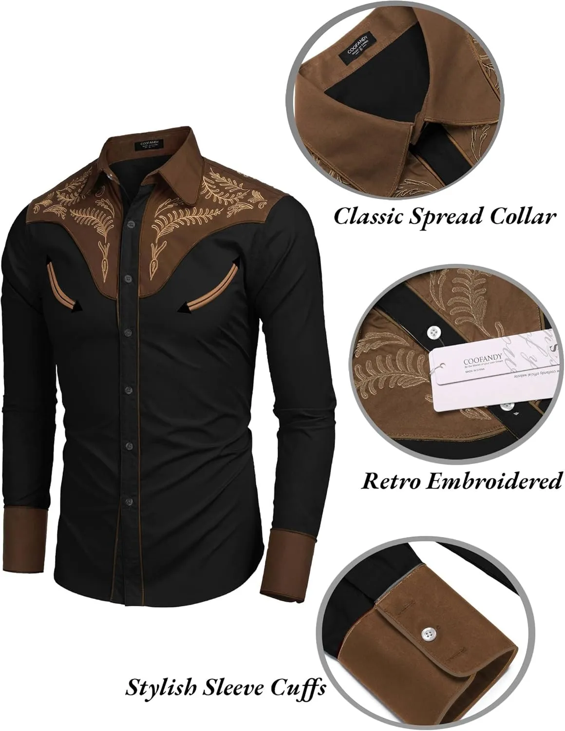 COOFANDY Men's Western Cowboy Shirt Embroidered Button Down Long Sleeve Shirts